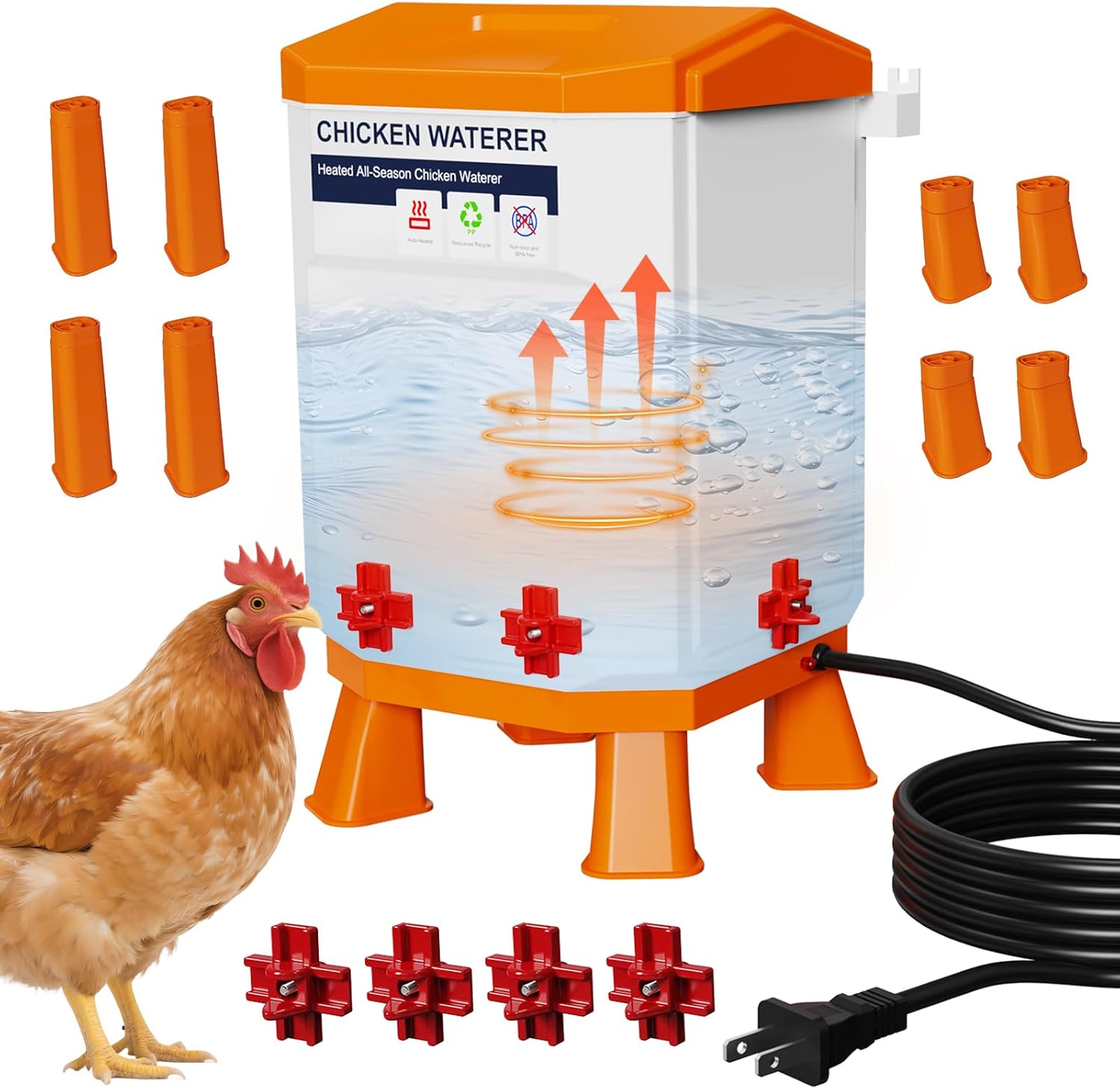 Nexum Heated Chicken Waterer - 2 Gallon Winter-Proof Poultry Drinker with Nipples and Stand, Auto Thermostat for Chickens, Ducks & Quail - Freeze-Resistant, Easy Fill (Orange, 3 Gallon) Orange 3 Gallon