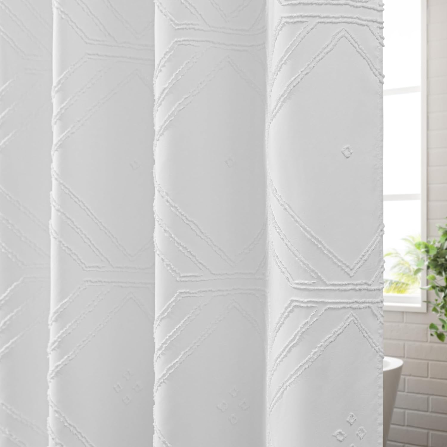 ROSERY No Hook Shower Curtain with Snap in Fabric Liner Set, Boho Farmhouse Jacquard Tufted Geometric Striped Shower Curtain for Bathroom with Tassel, Geometric Pattern, 71" W x 74" L