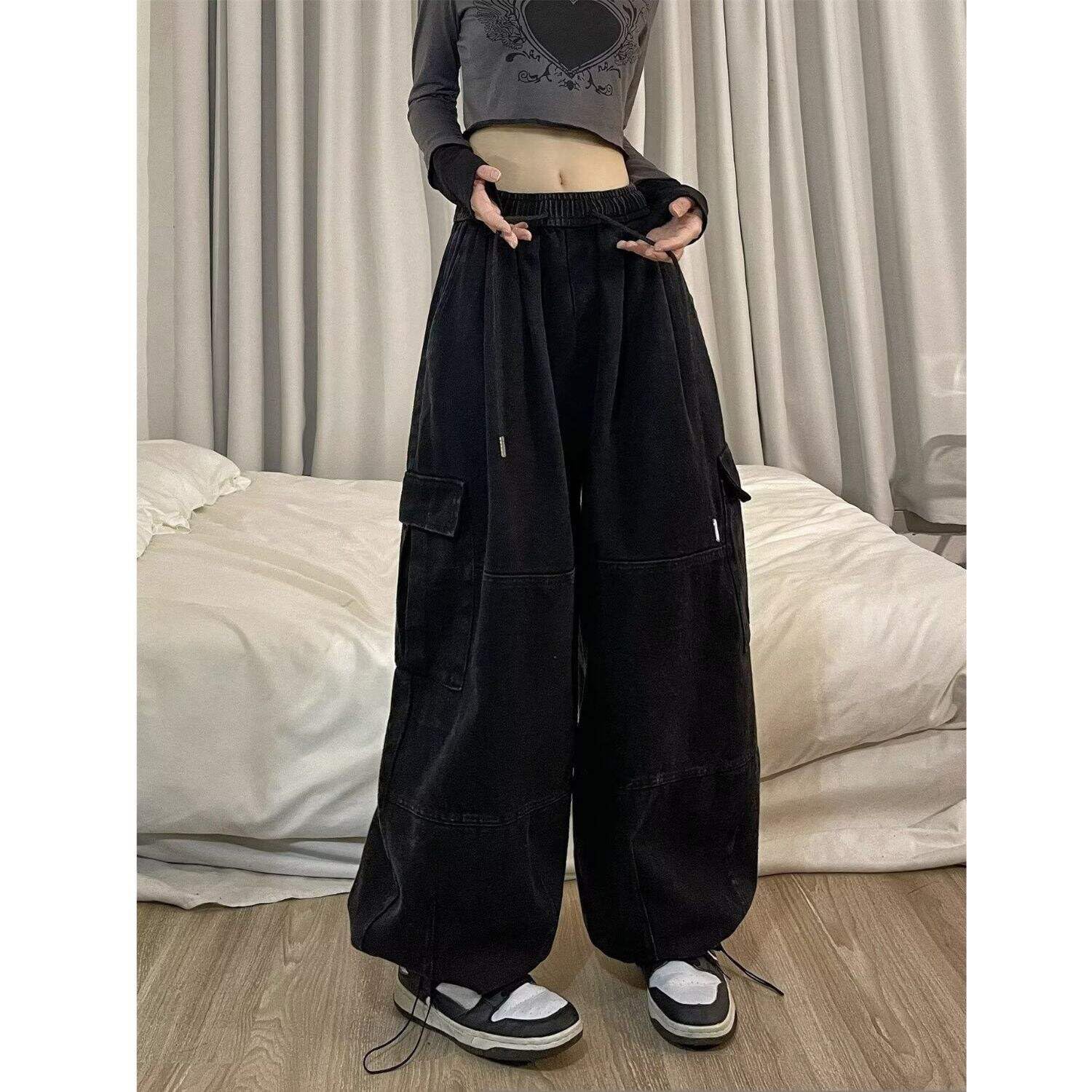 PEAINJ Baggy Cargo Pants for Women Men Y2k Wide Leg Sweatpants High Waisted Drawstring Pants Hip Hop Clothes: Style2 X-Small