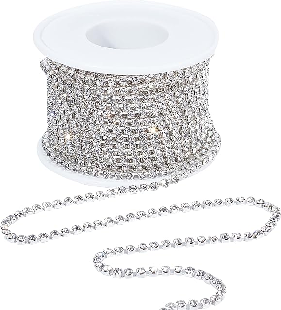 PandaHall 10 Yards 2.6mm Crystal Rhinestone Close Trim Cup Chain Clear Trimming Claw Chain Brass Rhinestone Strass Chains Sewing Craft Decoration Jewellery Making (Silver & Crystal)