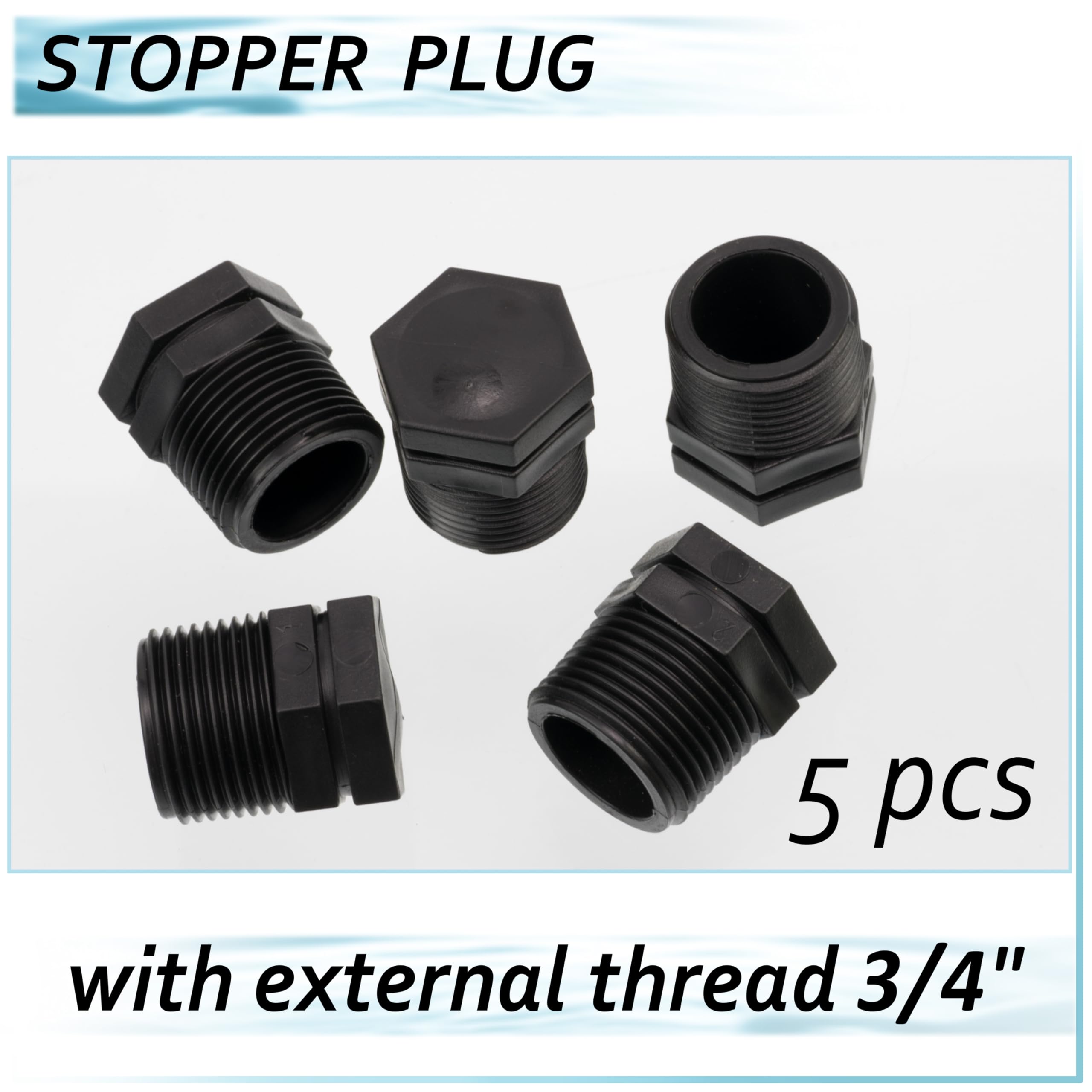 AERZETIX Lot de 5 Bouchons Mâles 3/4" Polyéthylène pour Tuyau d'Arrosage Irrigation Pression Max 10 Bars Noir