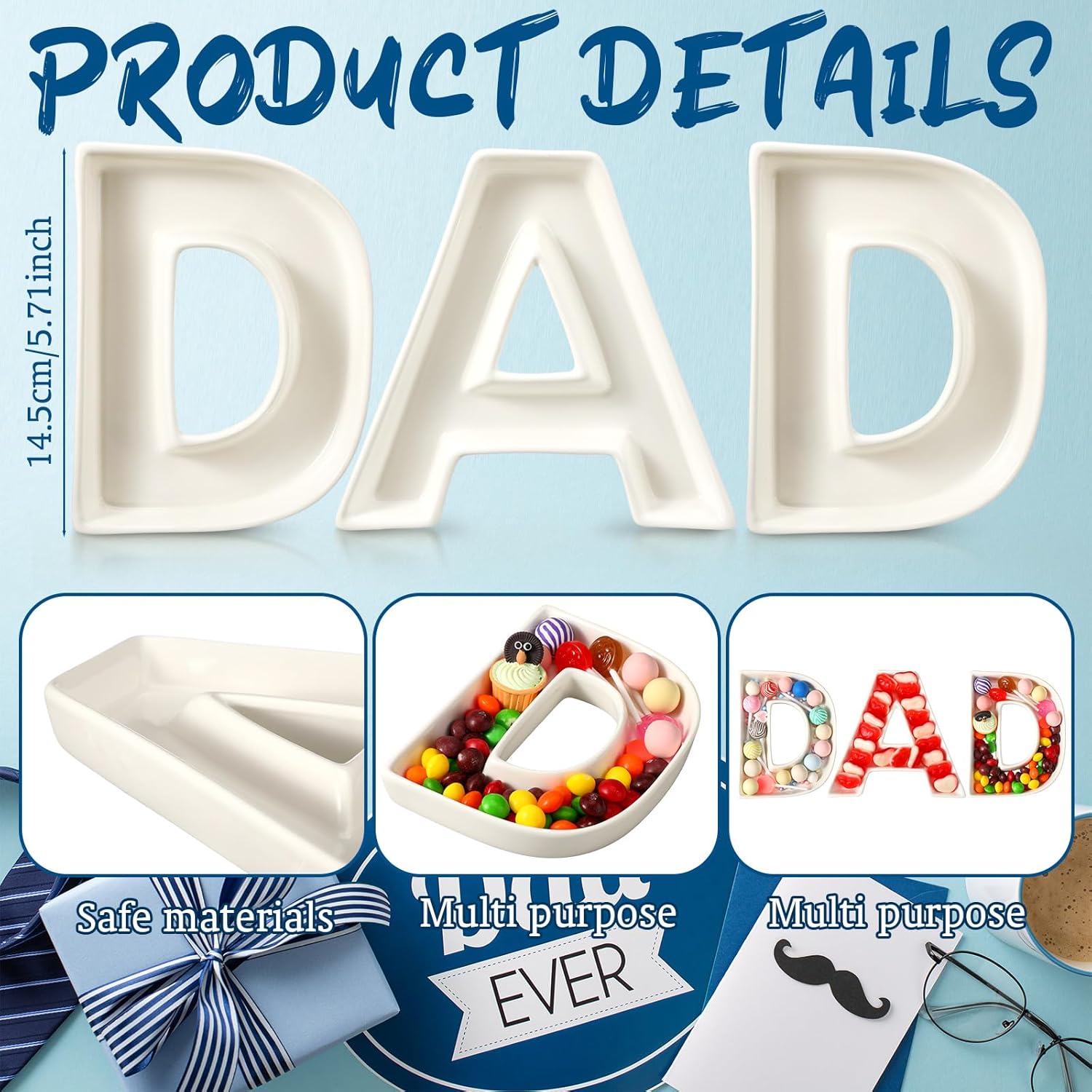 3 Pcs Father's Day Letter Charcuterie Boards Ceramics Dad Fillable Letters Box Small White Reusable Alphabet Food Serving Trays Platter for Candy Father's Day Gifts Party Decoration