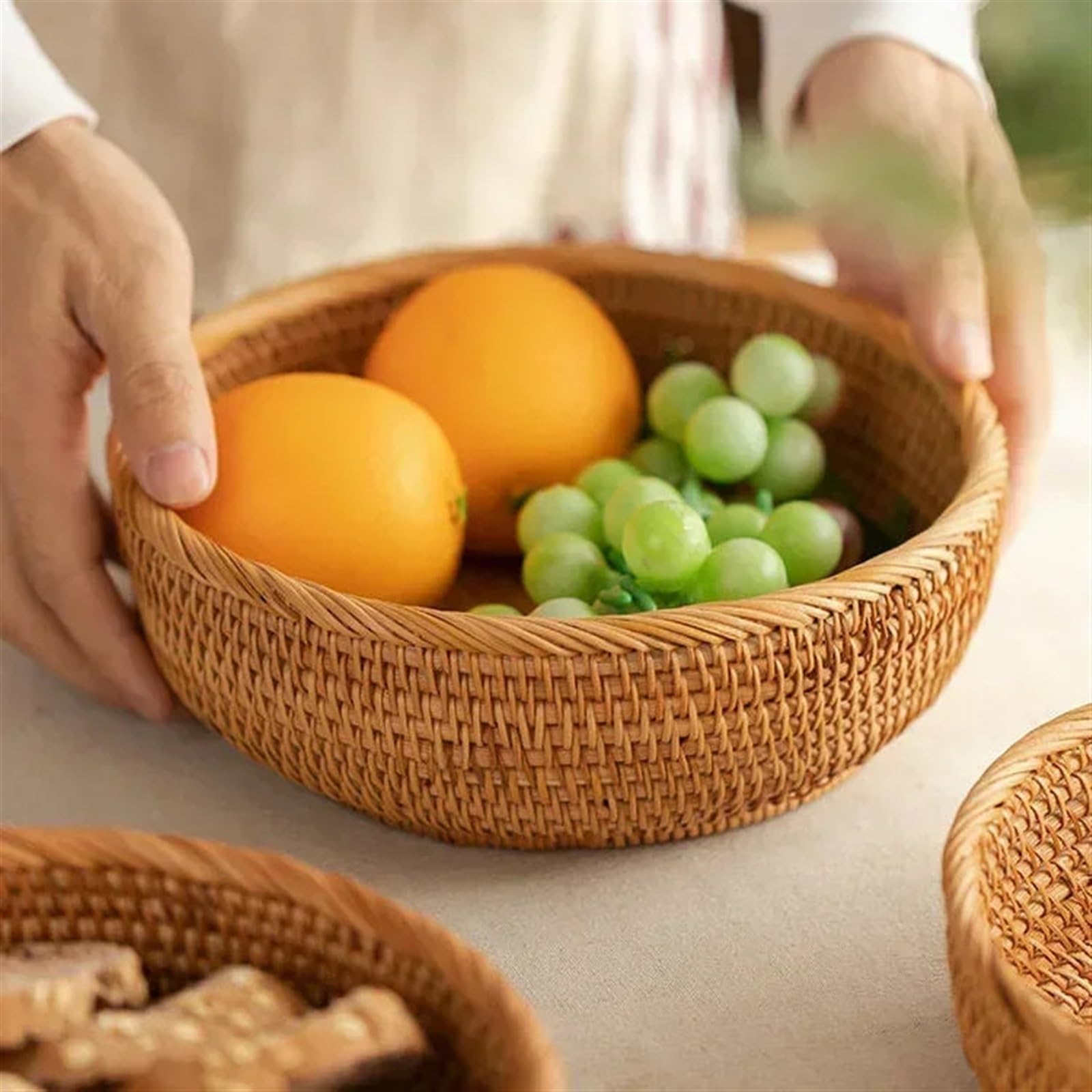 Portafrutta Cestino for il pane rotondo in rattan da 3 pezzi - Cestino for il pane con frutta in vimini naturale, ciotole rotonde for il pane in rattan intrecciato, cestino for il pane in rattan fatto