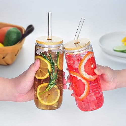 Miniatura 4 de Vasos para beber de 20 onzas con tapas de bambú y popote de vidrio, 6 vasos de vidrio, vasos de café helado de cerveza, lindos vasos estéticos,