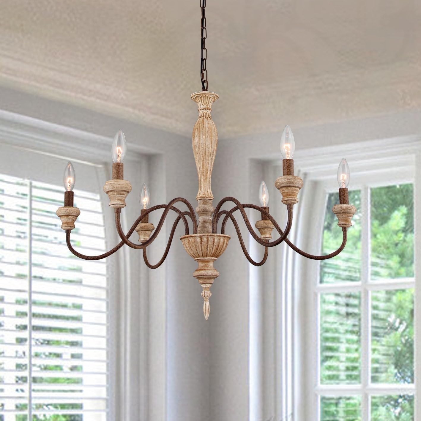 French Country Chandelier, Farmhouse 6-Lights Vintage Rustic Candle Style Chandelier Light Fixture, Retro Handmade Distressed Wood Chandelier for Dining Room, Living Room, Bedroom, E12