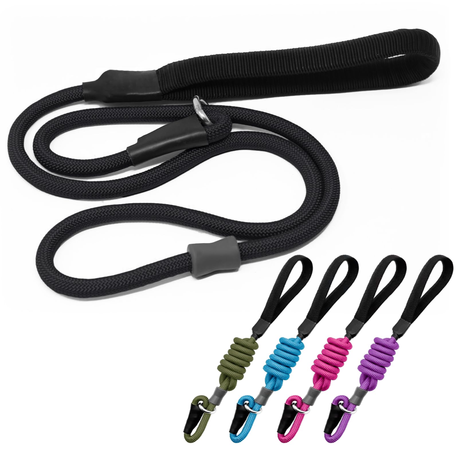 Guinzaglio da addestramento per cani (1,2 m), 5 pezzi, in nylon intrecciato resistente, con tappo in gomma e manico imbottito, non tira, per cani di taglia media e grande (colore misto, 1,2 cm x 1,2