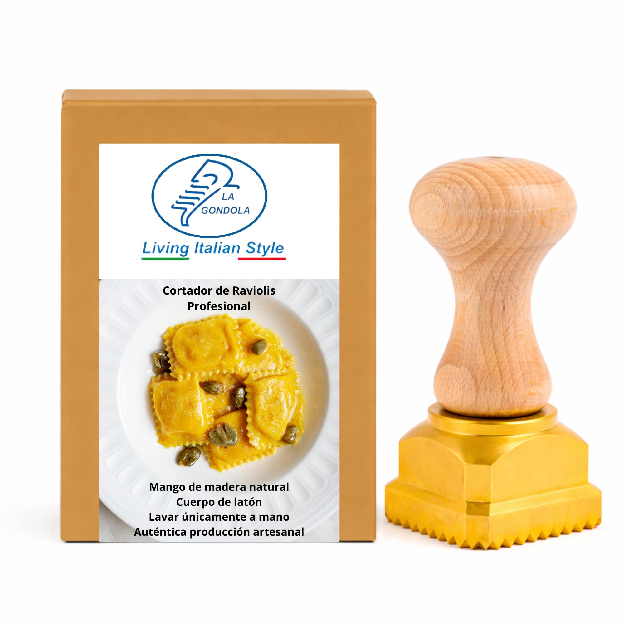La Gondola Cortador de Raviolis Caseros - Cuadrado Festoneado 45x55 mm | Cortapastas de Latón y Madera Natural | Cortador de Pasta Robusto Fácil de Usar | Utensilio para Pasta Fresca Hechos en Italia