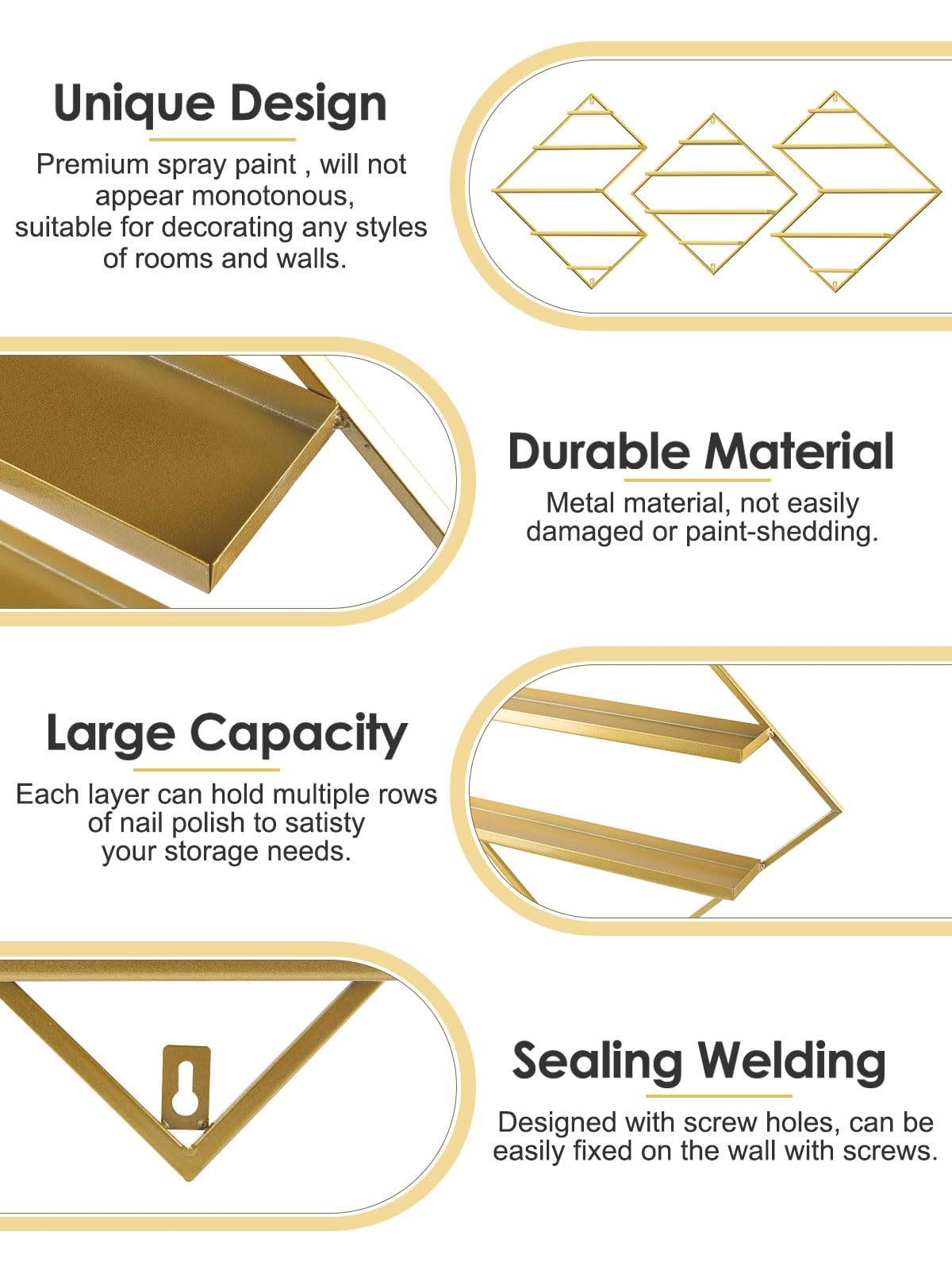 3 sztuki Metalowe Stojaki Przechowywania Lakierów Paznokci, Kalolary Gold Display Rack Gabloty kosmetyki Szminki Półka Ścienna Perfumy Organizery Olejki Eteryczne Domowego Salon Pielęgnacji Paznokci