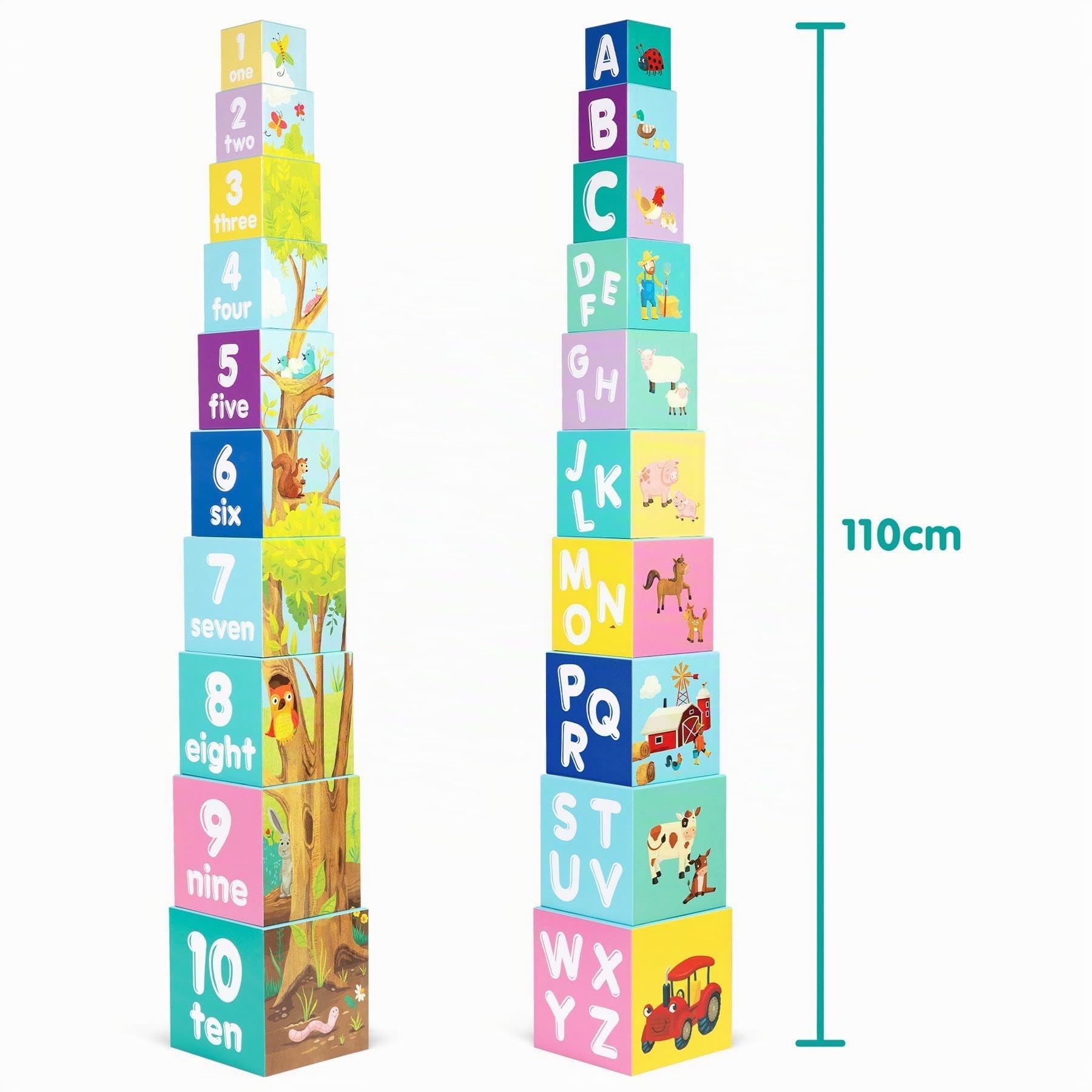 boppi Blocs Empilables pour Enfants - 10 Blocs avec Images, Chiffres, Lettres et Animaux de Ferme - Jouet Montessori en Carton Écologique - pour Âges 1 et Plus