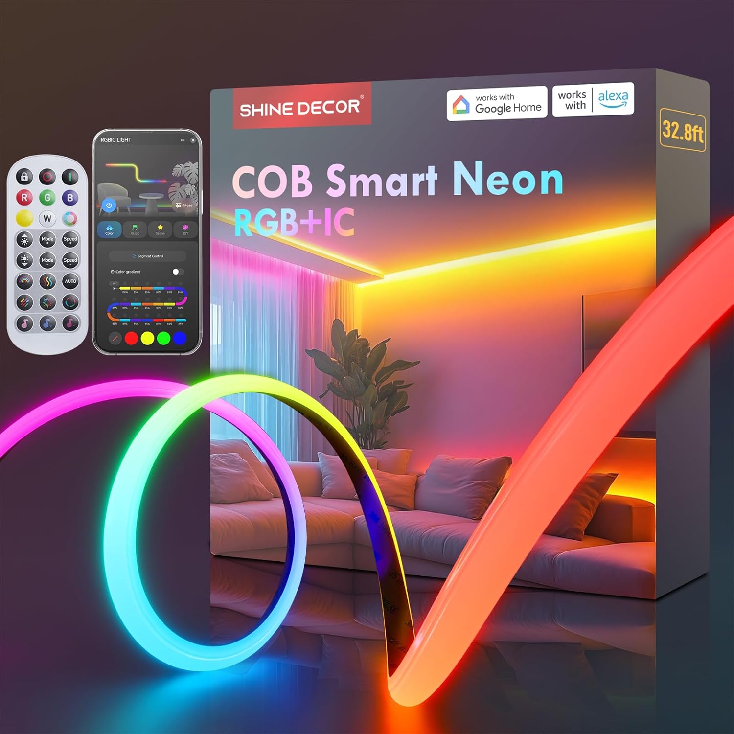 Shine Decor COB RGB+IC LED Neon Rope Light, 24V Color Changing Rope Light Compatible with Alexa, Google Assistant, Waterproof Neon Light Strip with Remote for Bedroom Gaming Room Party, 13x6mm, 32.8FT