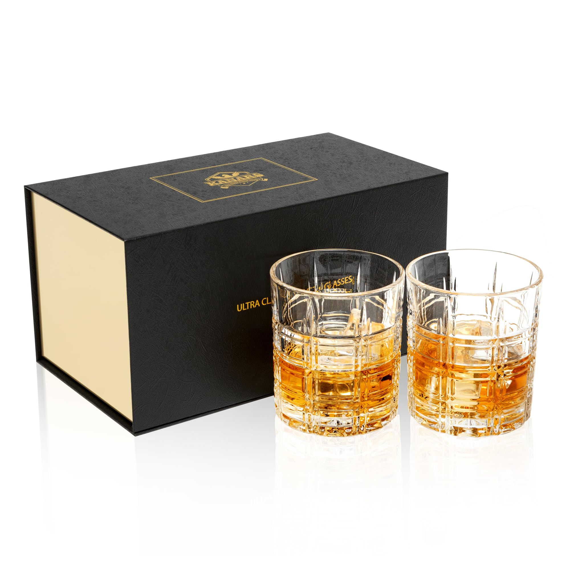 KANARS Lot de 2 verres à whisky en cristal à l'ancienne dans une boîte cadeau, 300 ml, pour scotch, whisky, cognac, bourbon, cadeau pour fête des pères, mariage