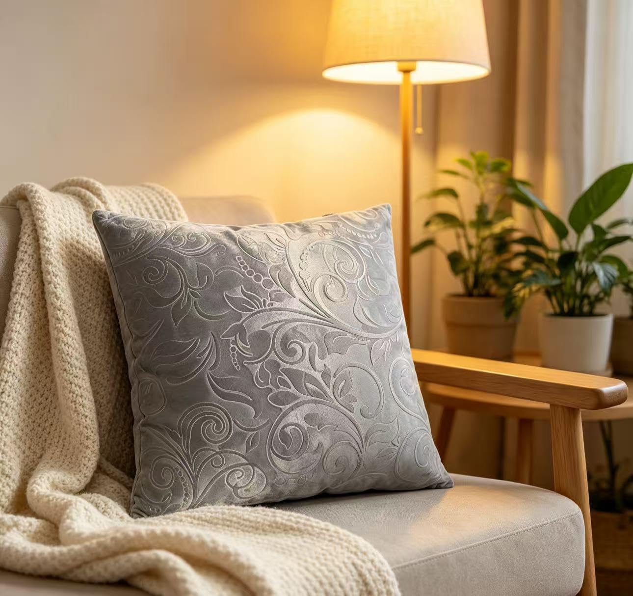 TangDepot Heavy Velvet Embossing Throw Pillow Cover, Classis Floral Anaglyph Velvet Fabric, Lumbar Pillow Cover, Indoor/Outdoor Pillowcase - (28" x 28", C41 Light Grey)