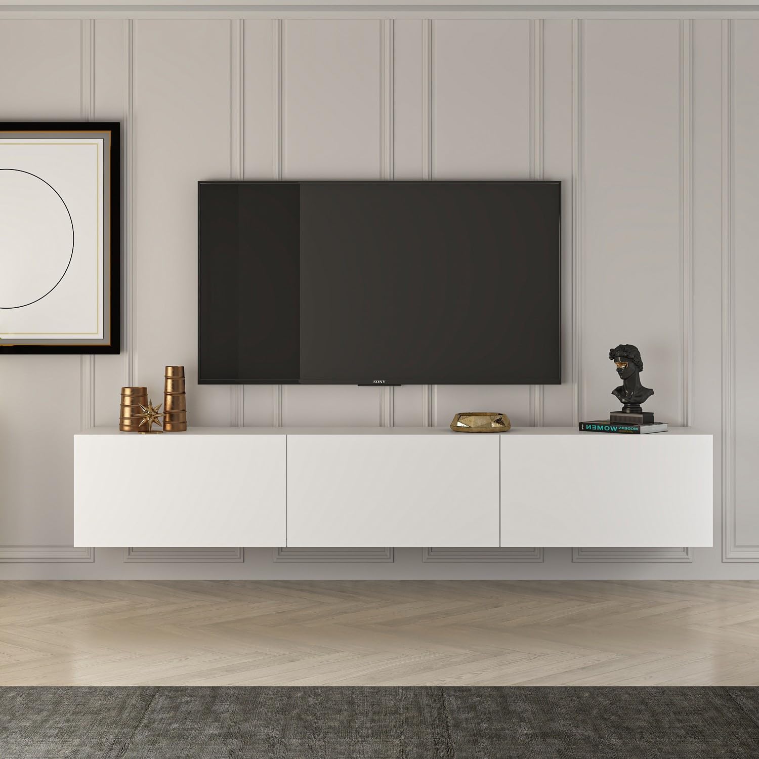 Hanah Home Elegante supporto per TV, 150 cm x 30 cm x 32 cm, 100% melamina rivestito in melamina, design moderno per spazi viventi e intrattenimento