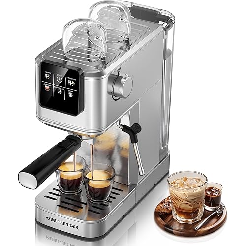 KEENSTAR 20Bar Espresso Machine with Rapid Cold Brew, Hot & Iced Coffee Makers, Stainless Steel Espresso Maker with Milk Frother Steam Wand, Touch Screen with Water Tank for Latte, Cappuccino, Gift