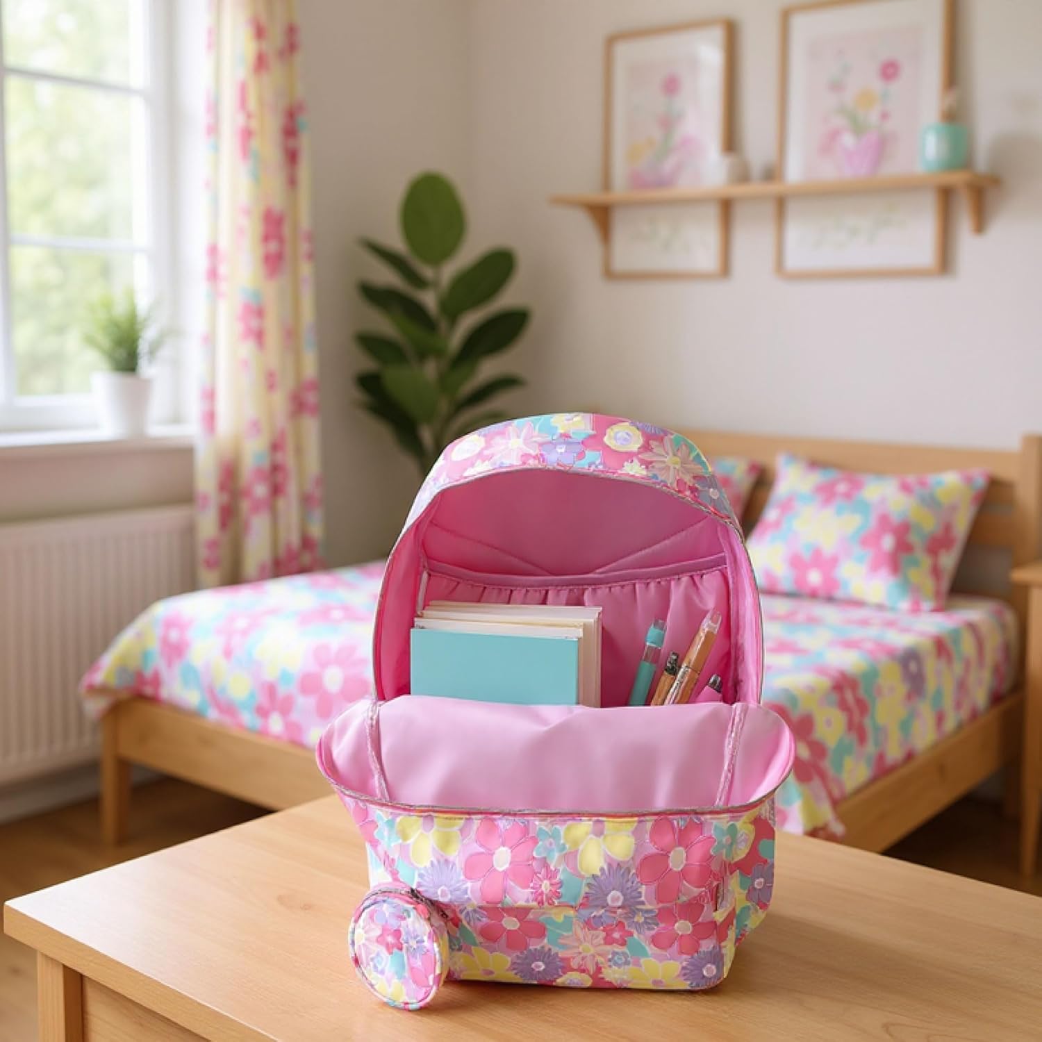 Jessica Simpson Women’s Designer Laptop Backpack with Side Pockets, Wallet | 2 Piece Backpack Change Purse Set for Women (Pink Flower Bloom) - Image 2