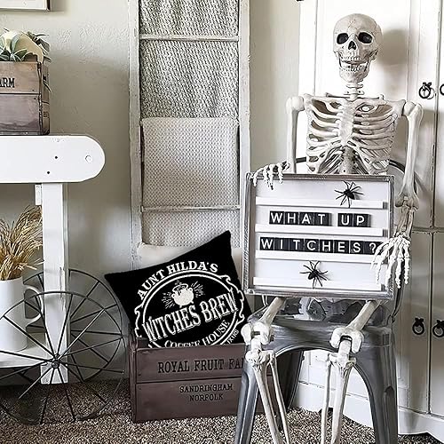 Miniatura 3 de Fundas de almohada de brujas decorativas de Halloween de 18 x 18 pulgadas, almohadas negras con frase de terror de Halloween, almohadas de otoño