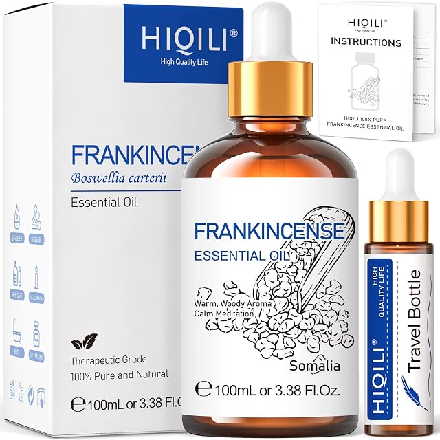 HIQILI Frankincense Oil Essential 100ml, Included 10ML Travel Bottle, Pure Natural Therapeutic Grade for Diffuser Meditation Skin Care