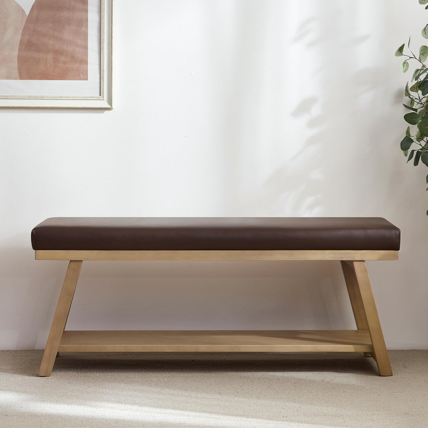 Zihanhome 45" Entryway Bench Upholstered Storage Bench for Bedroom Shoe Rack Bench for Living Room, Hallway, Mudroom, Balcony, Sturdy Indoor Bench Seat Holds Up to 300 lbs (PU-Brown)