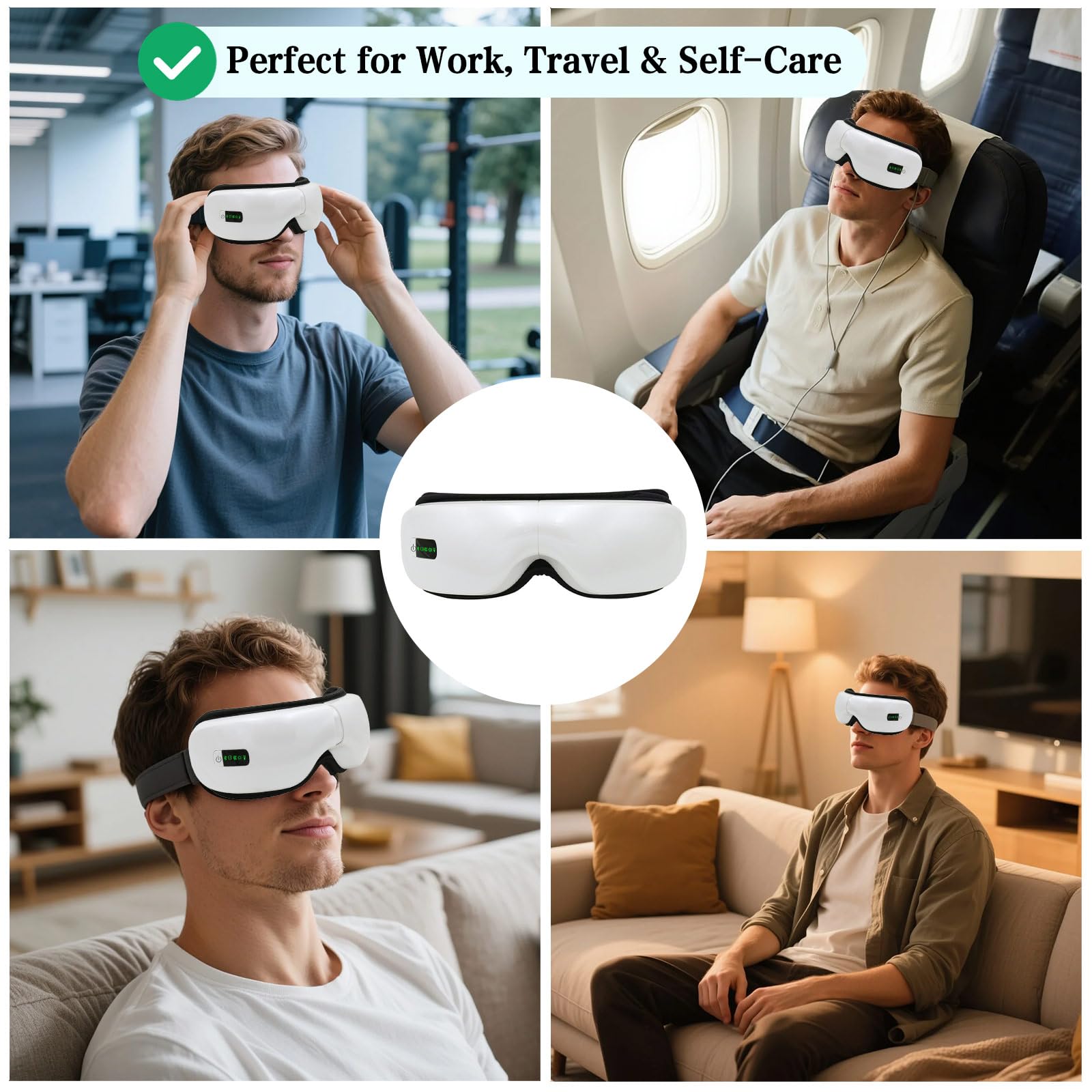 Masajeador ocular con calefacción, máscara de masaje de ojos de 5 modos, música Bluetooth, dispositivo de cuidado ocular plegable 180° para fatiga ocular, ojos secos, ojeras, blanco