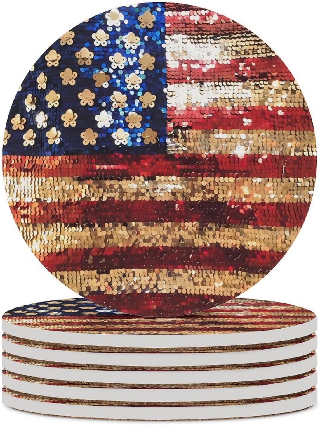 Sequin Pattern U.S. Flag Funny Round Ceramic Coasters for Drink Absorbent Cup Holders Tabletop Protection