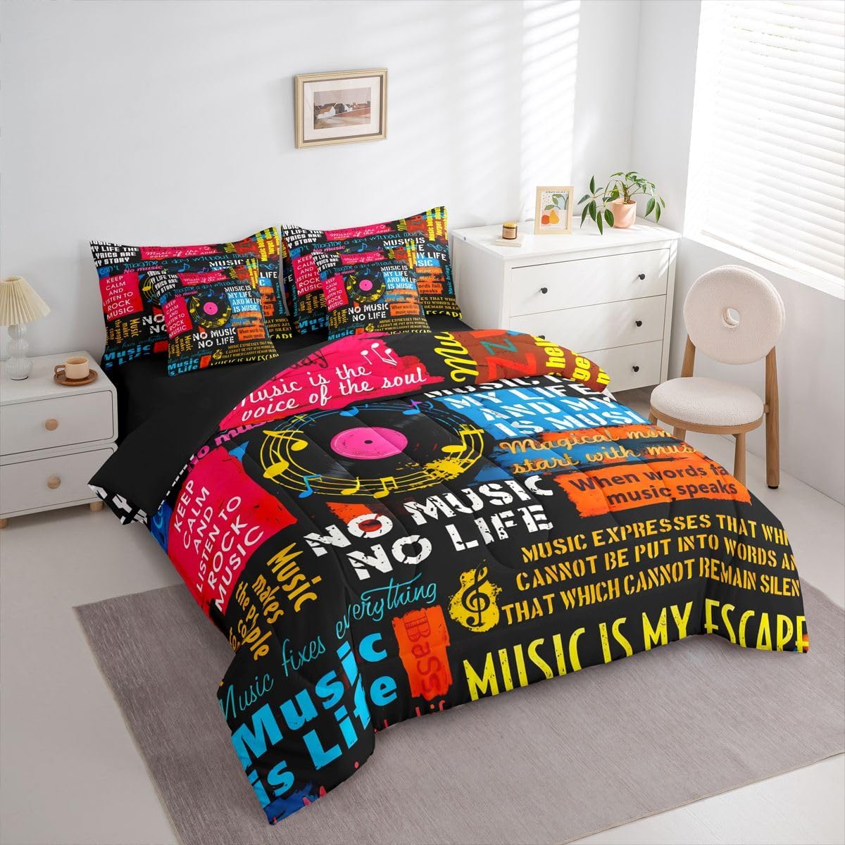 Erosebridal Music Notes 7 Piece Bedding Set Queen Jazz Rock Music Comforter Set with Sheets Hip Hop Graffiti Bed in A Bag Grunge Room Decor Bed Sets with 2 Pillowcases, 2 Throw Pillow Covers