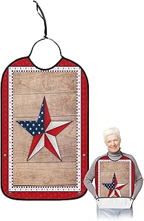 QueenKer Funny Adult Bibs for Eating, Classic American Flag Plaid Wooden Grain Waterproof Clothing Protector Washable Adult Bib with Crumb Catcher for Men Women Elderl and Seniors