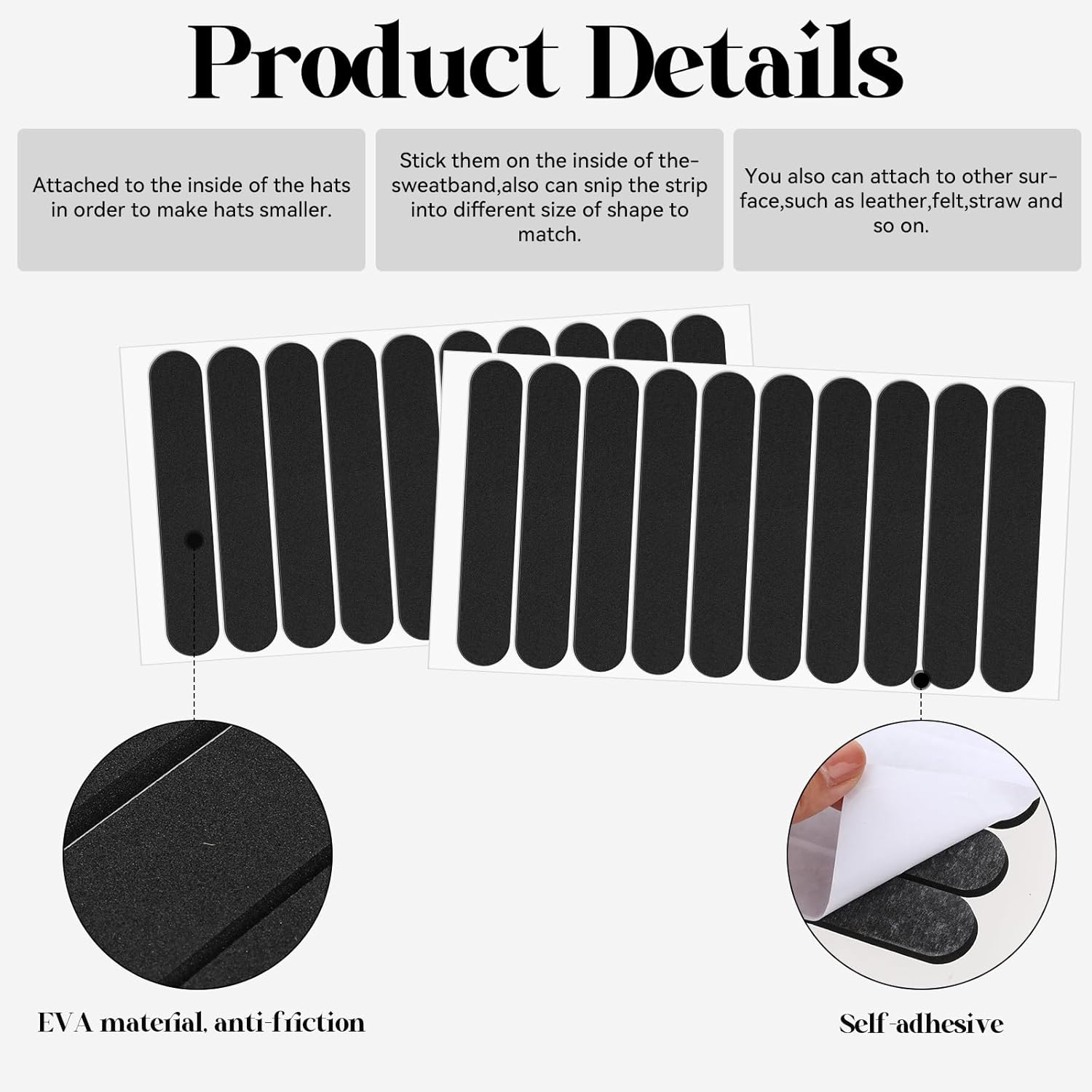 20 Pcs Hat Sizer Reducer Insert, Hat Inserts To Make Fit Smaller, Fitted Hat Size Reducer, Self-Adhesive Foam Reducing Tape for Men Women Hats Caps, Black