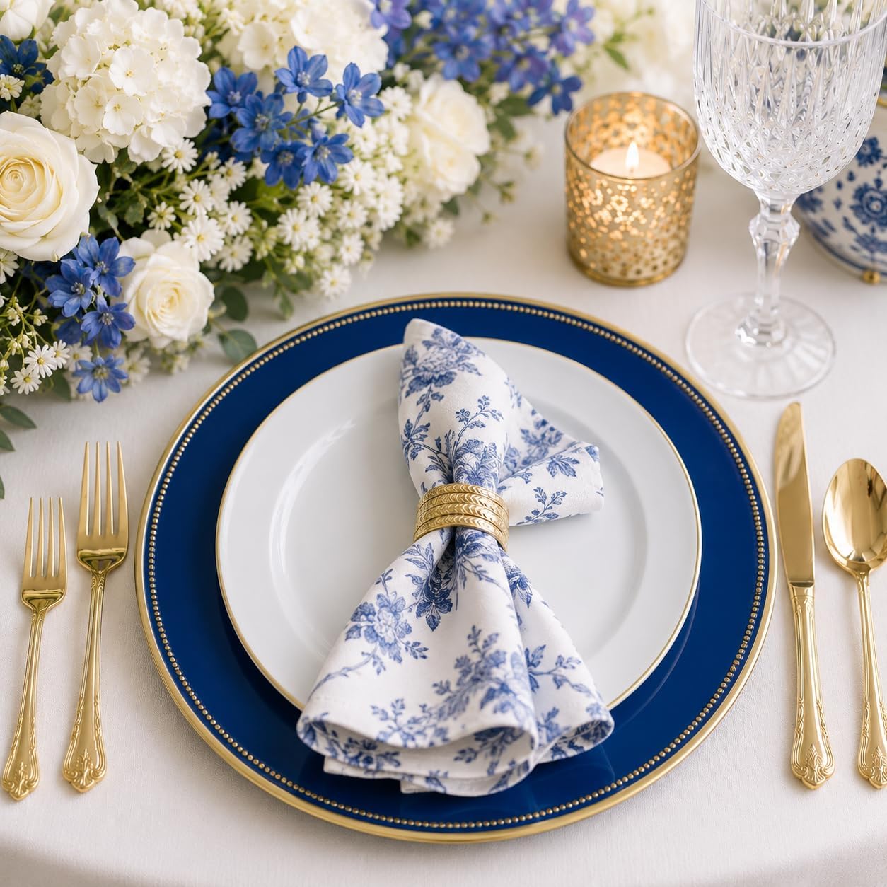 Modern Royal Blue Charger Plates Set of 12-13in Gold Beaded Rim Chargers for Dinner Plates- Heavy Duty Round Plastic Plate Chargers- Table Chargers for Wedding, Party, Banquets, Holidays