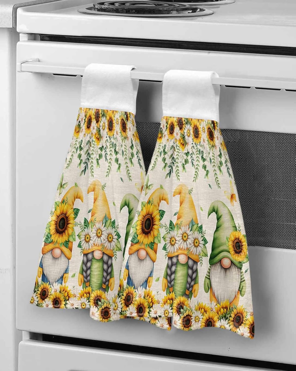 Spring Gnomes Kitchen Hand Towels with Hanging Loops Set of 2 Retro Botanical Flowers Leaves Butterfly Soft Thick Oven Fingertip Dry Microfiber Tie Dish Towel Absorbent Cleaning Washcloth for Bathroom