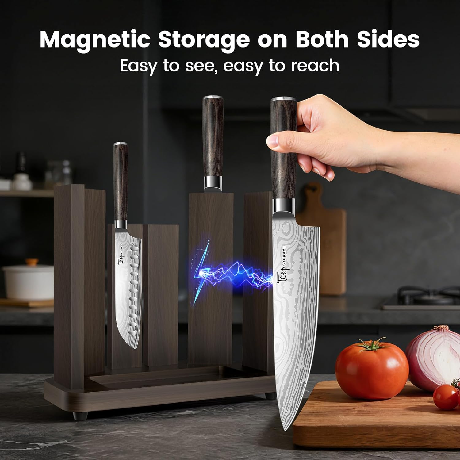 SYOKAMI 15-Piece Kitchen Knife Set with Magnetic Block, Detachable Steak Knife Block for Table Service, Built-In Sharpener, Japanese Inspired, Wood Handle, Damascus Pattern, Housewarming Gifts