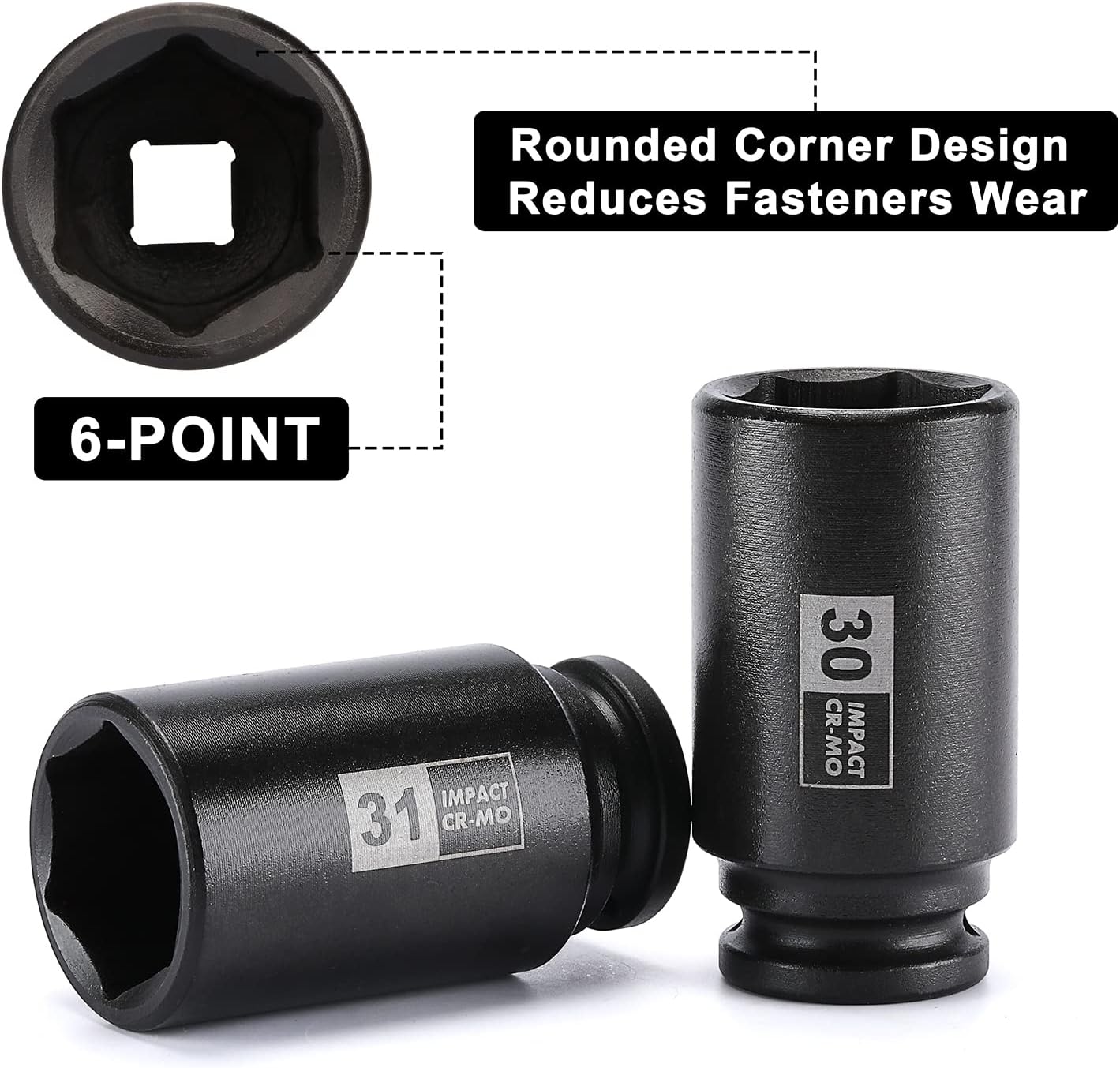 Mayouko 9PCS 1/2 Inch Drive Deep Impact Socket Set, 29-38MM, Spindle Axle Nut Sockets, Metric, Deep, 6-Point, CR-MO