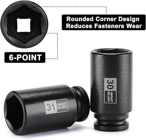 Miniatura 5 de Mayouko Juego de llaves de tuerca de eje SAE y métricas de 1/2", profundo, 6 puntos, CR-MO, 1-3/8" - 1-3/4", 1.142-1.496 in