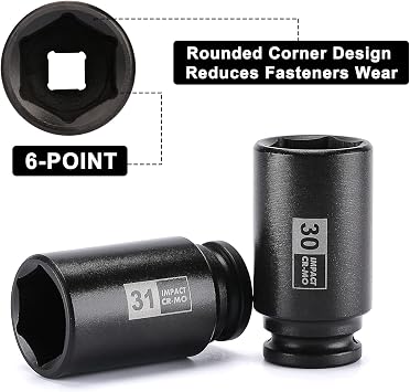 Mayouko 9PCS 1/2 Inch Drive Deep Impact Socket Set, 29-38MM, Spindle Axle Nut Sockets, Metric, Deep, 6-Point, CR-MO