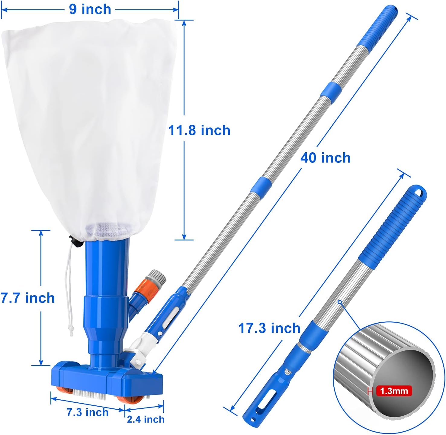 CKE Upgraded Portable 40" Pool Spa Pond Mini Jet Underwater Vacuum Cleaner w/Brush, Bag, Adjustable 3 Piece Expandable Step-Up Thicken Telescopic Pole with Universal Fit Handle-Attaches to Garden Hose