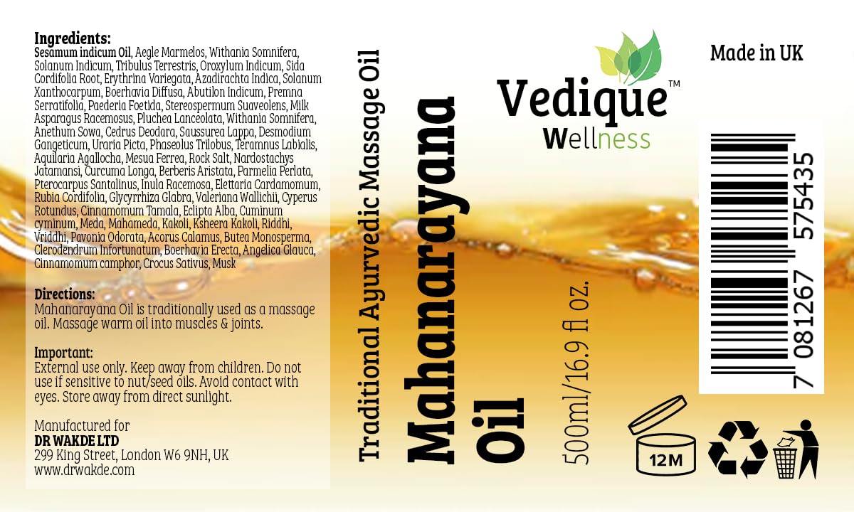 VEDIQUE Remedies olejek z mahanarajany, 500 ml, 100 ml, ponad 50 ziół, klasyczny olejek do masażu ajurwedyjskiego dla mięśni i stawów, balansowanie Vata | całkowicie naturalny