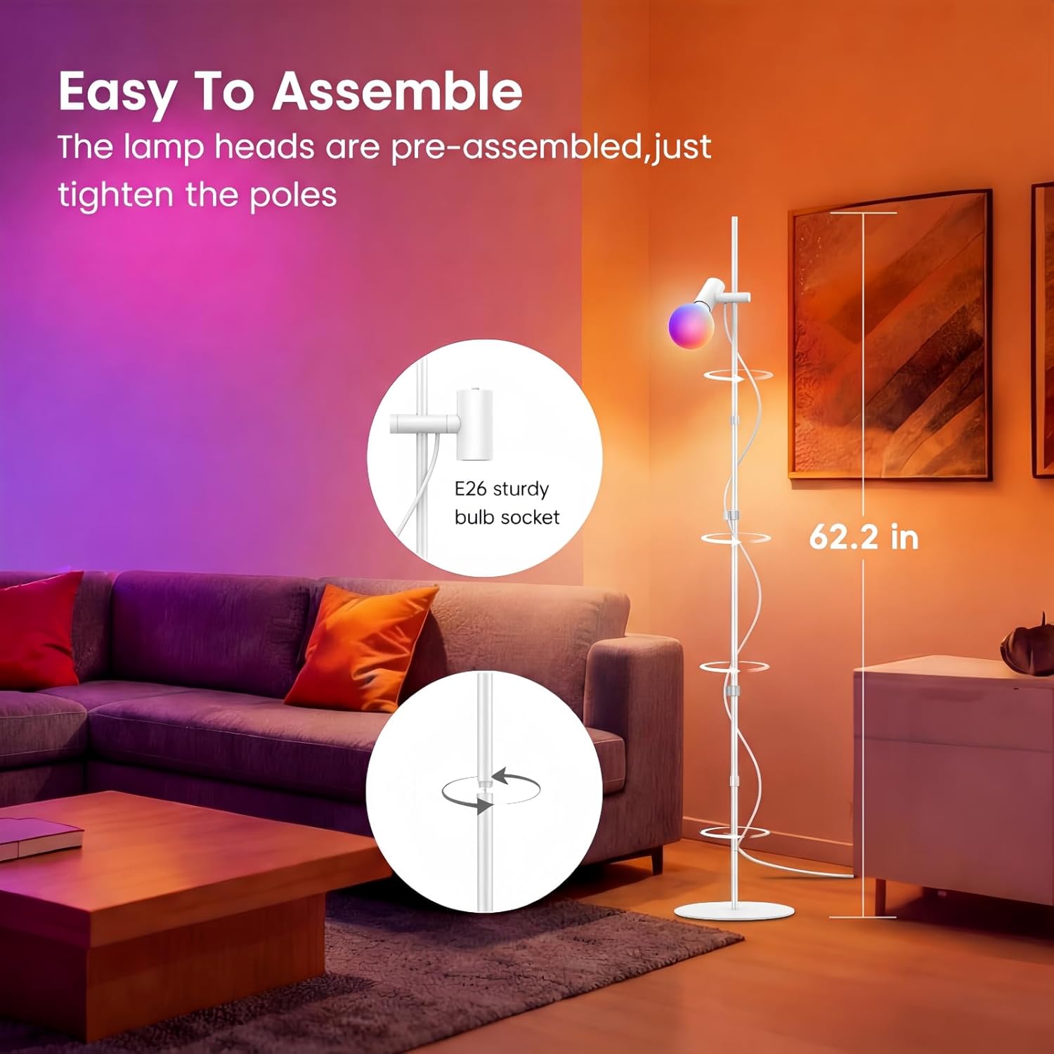 Smart Floor Lamp, LED Bulb Corner Lamp 270° Swivel Head Works with Alexa Google Home, Floor Lamps with Music Sync, 16 Million DIY Colors, Color Changing Standing Lamp for Bedroom Living Room, White