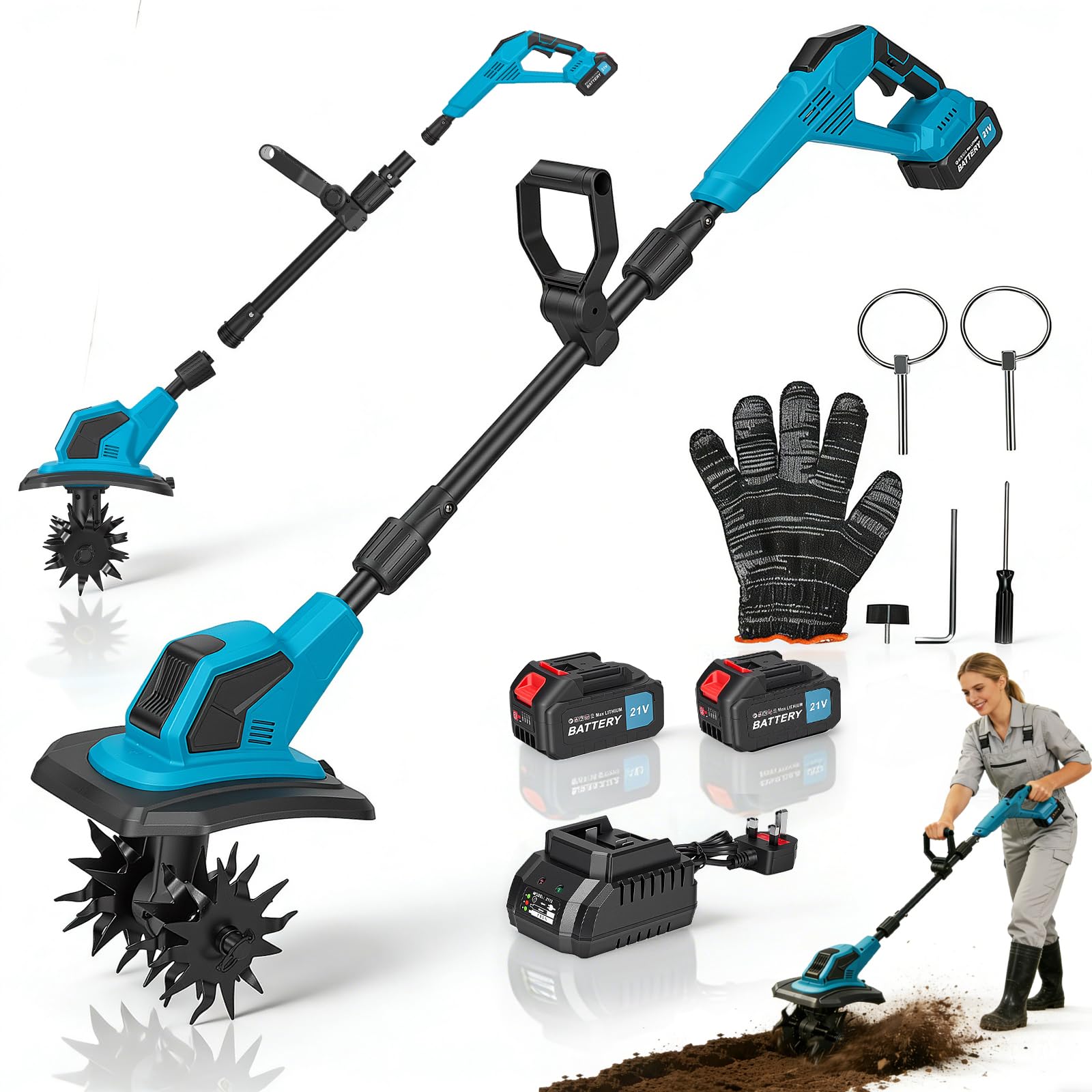 Cordless Tiller 600W Electric Tiller Garden Tiller 2x 2.0Ah Batteries & Fast Charger, 360RPM 4 Blades Tillers and Cultivators, 9"/23cm Width 6.7"/17cm Depth Rotavator for Weeding Soil Loosening Lawn