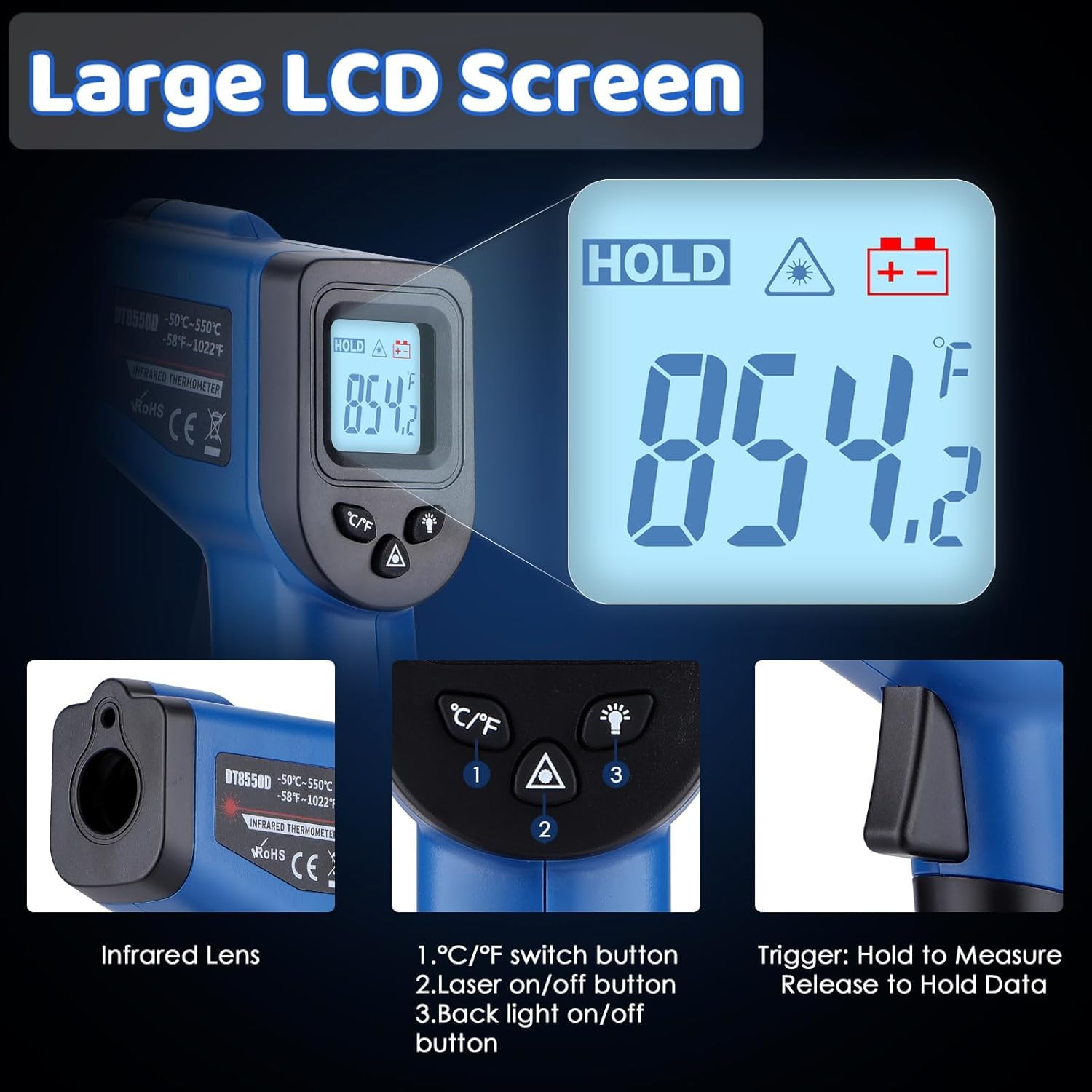 Infrared Thermometer Gun for Cooking, Digital Laser Temperature Thermometer -58℉~1022℉ IR Thermometer Gun for Blackstone Pizza Oven Deep Frying Other Daily Uses with Hard Carrying Case (NOT for Human)