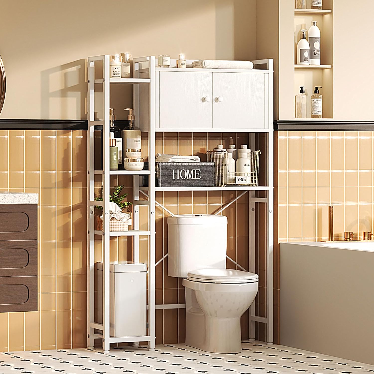 MUTUN Over The Toilet Storage Cabinet, 7-Tier Bathroom Storage Shelves with Cabinet, Bathroom Washroom Organizer, White