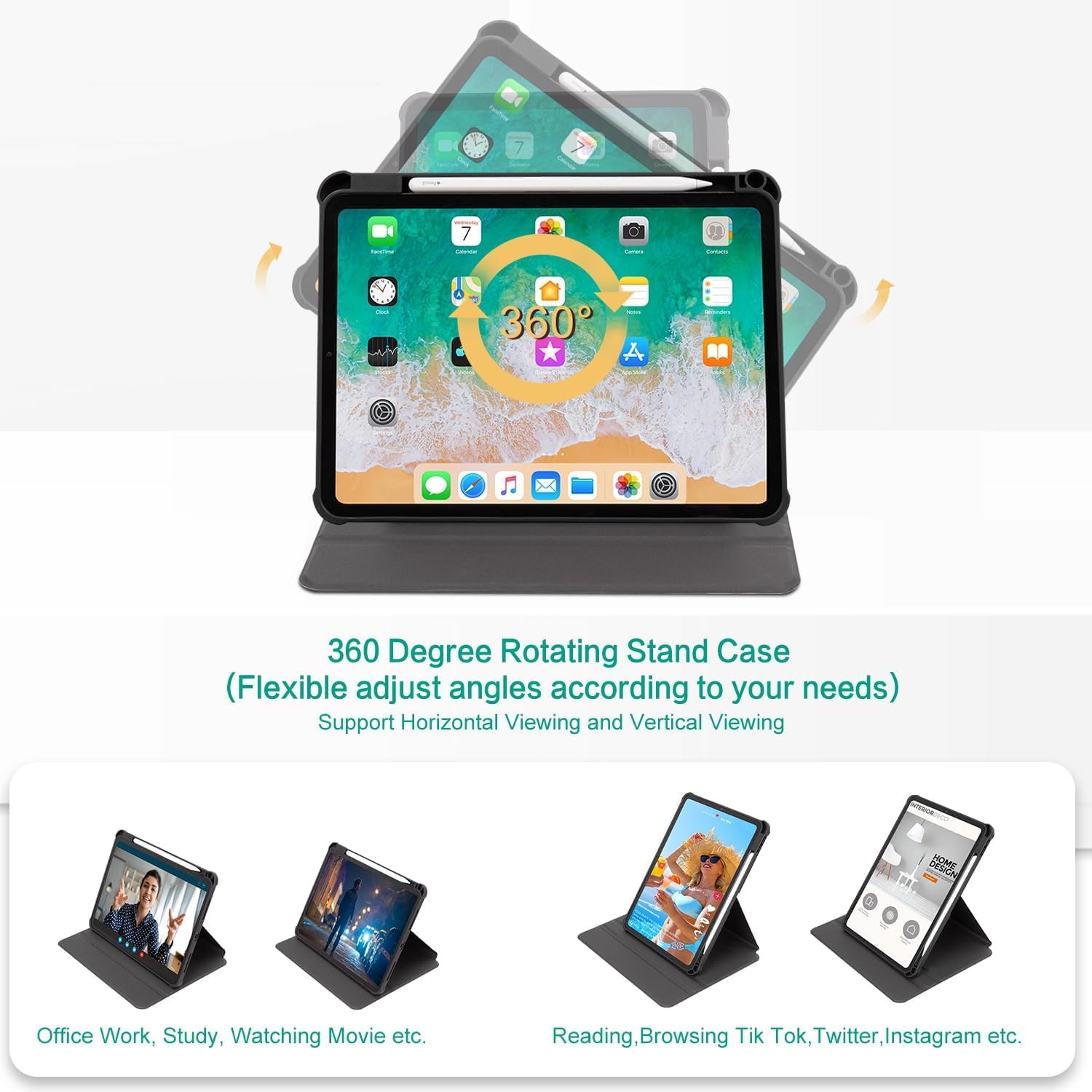 Rotating Case for iPad mini 5 2019/Mini 4 2015 (5th/4th 7.9 inch), Folding Smart Case Stand Shockproof TPU Cover with Pencil Holder Auto Sleep/Wake for Women Girl, Flower Hummingbird