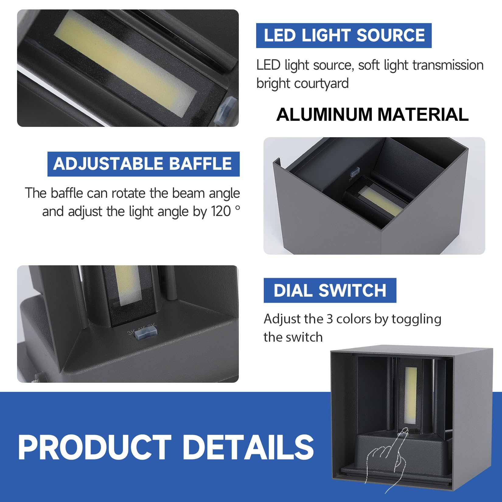 2 Pezzi LED 15W Lampada da Parete Esterno/Interno Regolabile 3 colori Cubo 11CM IP65 Impermeabile Lampade da Esterno Parete Applique Esterni Quadrata Angolo del Fascio Regolabile Moderne Grigio Scuro