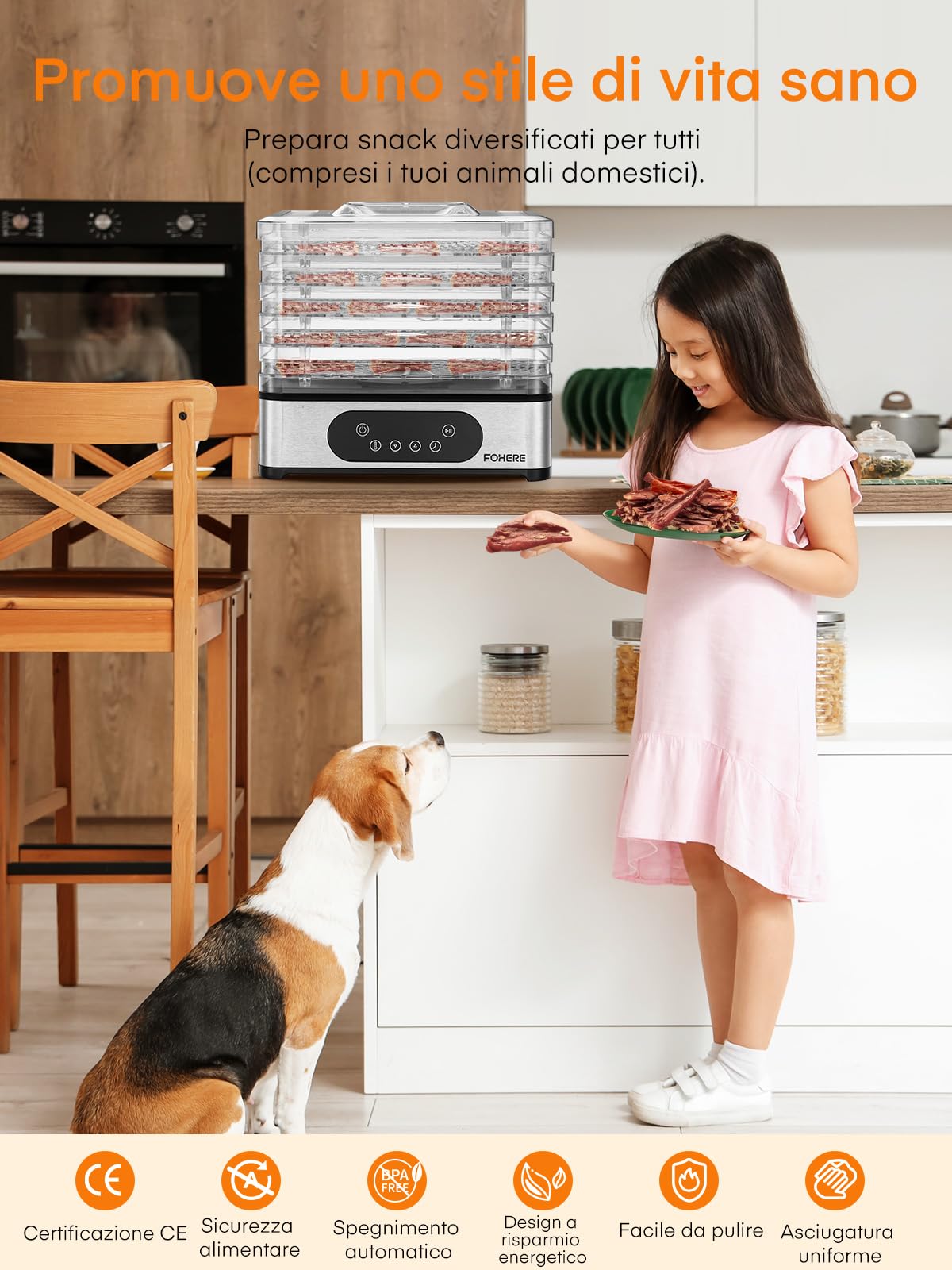 FOHERE Essiccatore Alimentare, 420 W, Essiccatori per Alimenti con 5 livelli, Temperatura 35°C/70°C, impostazione manuale di tempo e temperatura, Essiccatore per Frutta, Verdura, Carne, Senza BPA.