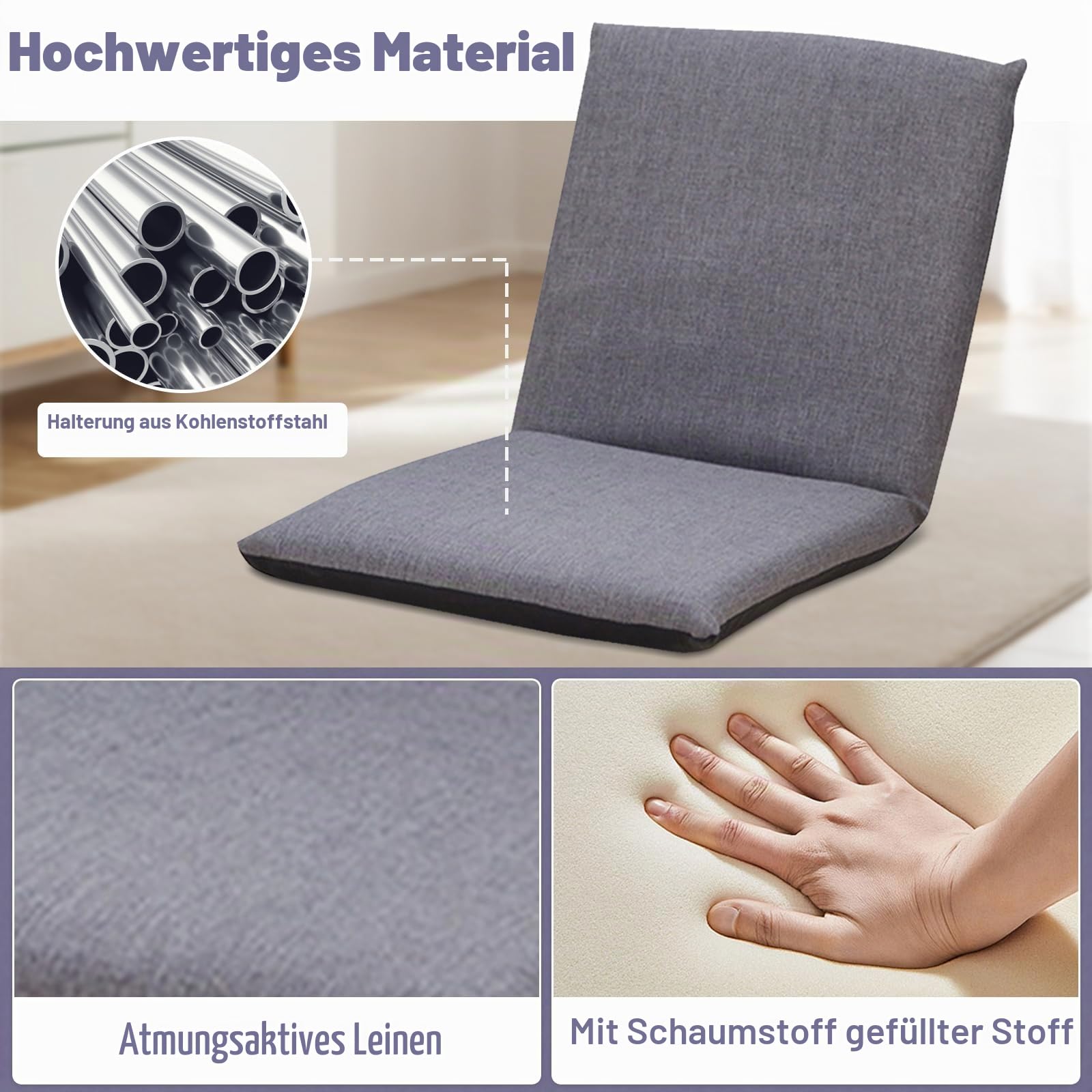 Garvee Bodenstuhl mit Rückenlehne Faltbarer, 6-stufiger Verstellbarer Baumwoll-Polster-Sessel für Wohnzimmer & Terrasse (83×41×17.5 cm), Grau