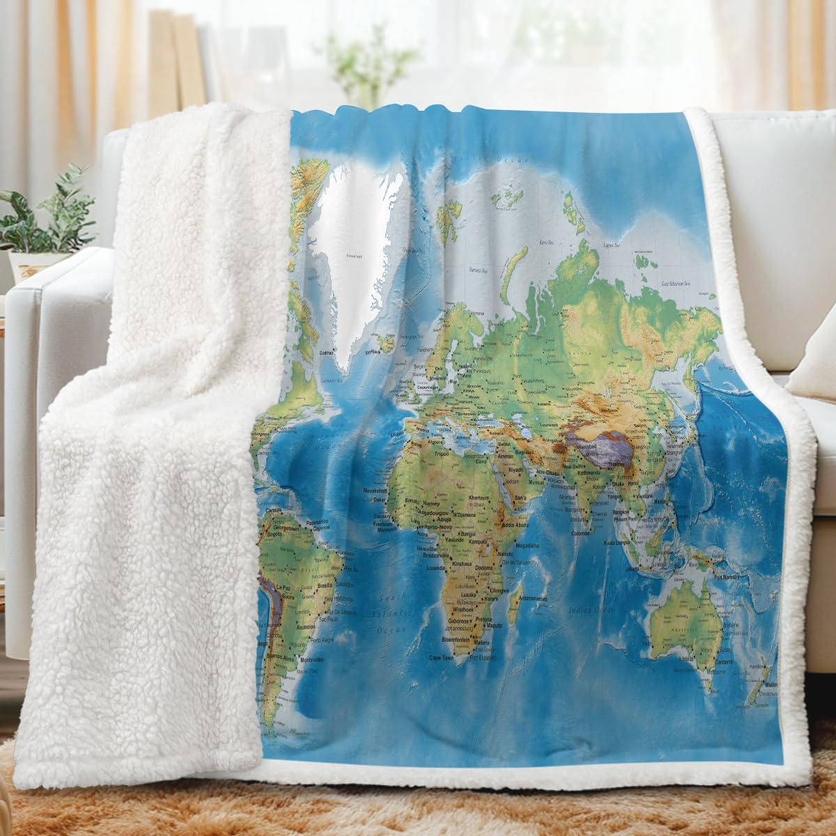 Sleepwish Map Fleece Blanket Blue Throw Blanket Soft Kids Throw Blanket Thick Plush Blanket Vivid 3D Print Map of The World Sherpa Blankets for Teens Kids Boys Girls 50x60 Inches