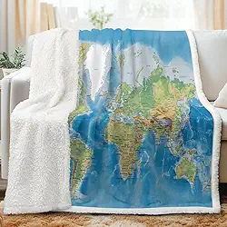 Sleepwish Manta de lã com mapa azul, cobertor macio para crianças, cobertor grosso de pelúcia, estampa 3D vívida, mapa do mundo, cobertores sherpa para adolescentes, crianças, meninos, meninas, 127 x