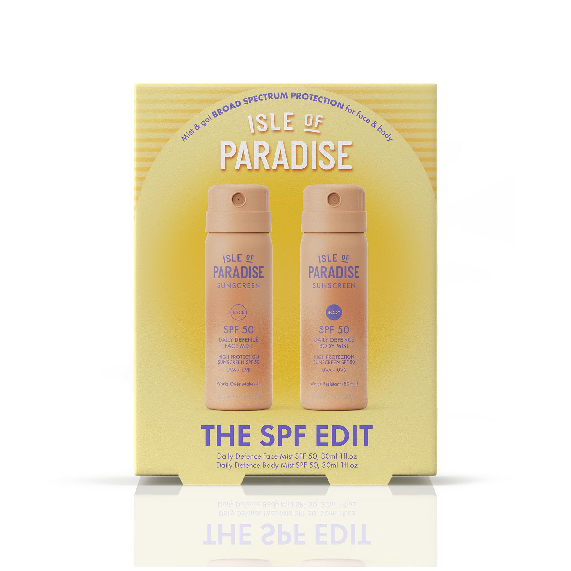 Isle of Paradise The SPF Edit 2 Piece Set, SPF 50 Face & Body Mists, Broad Spectrum Sunscreen Spray Duo, Lightweight & Transparent, Niacinamide, Dermatologist Tested, 1.01 fl. oz/30 ml Bottles