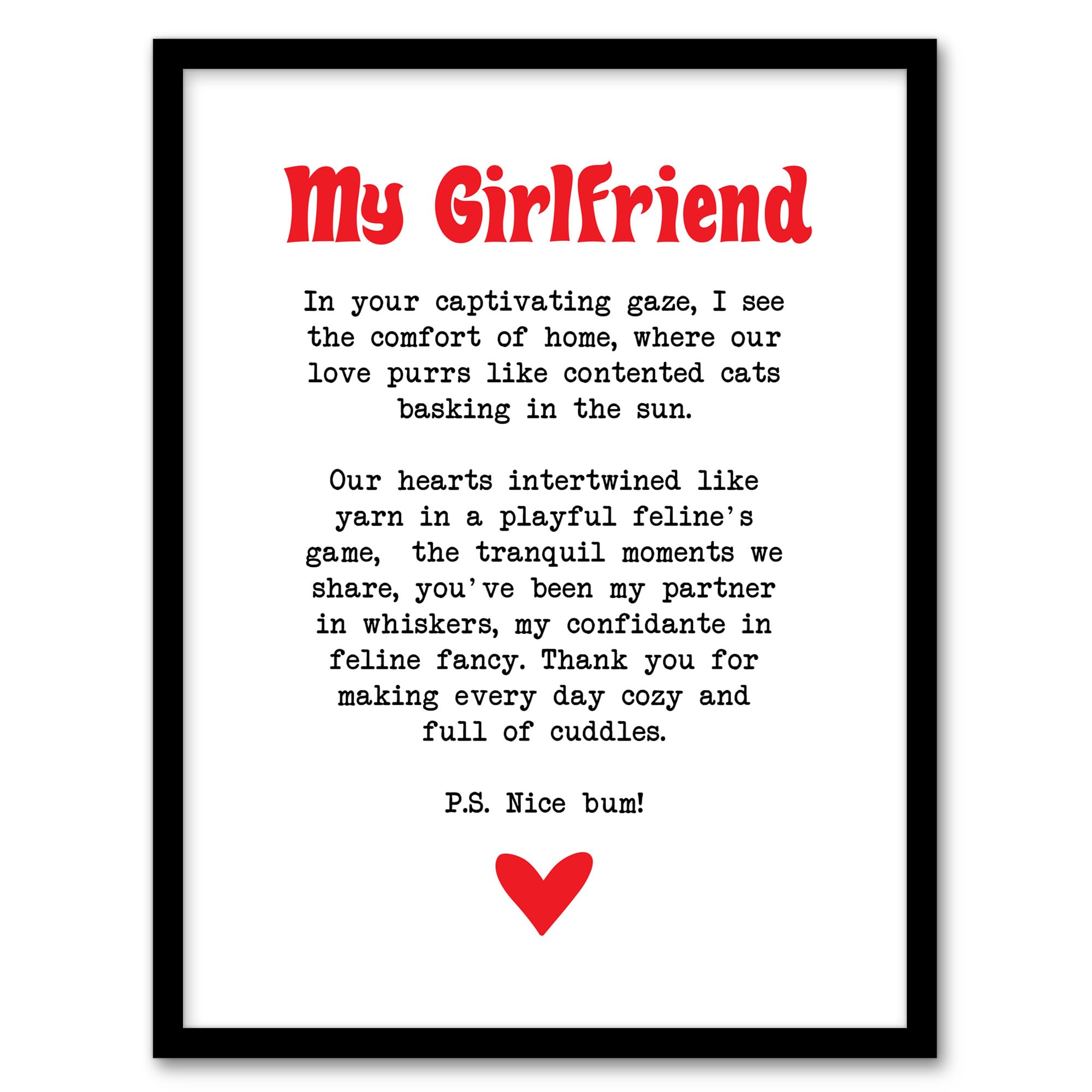 Artery8 Love Poem Cat Lover Girlfriend Romantic Poetry Bedroom Artwork Framed Wall Art Print A4