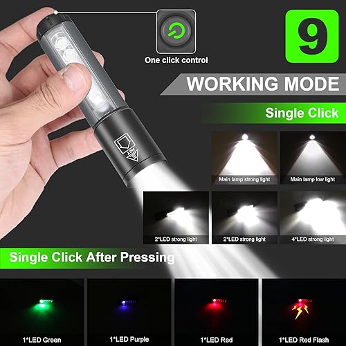 Miniatura 7 de PINSAI Linterna de bolsillo con clip, luz LED recargable UV ligera, lámpara de trabajo pequeña súper brillante con luz lateral COB, potente linterna