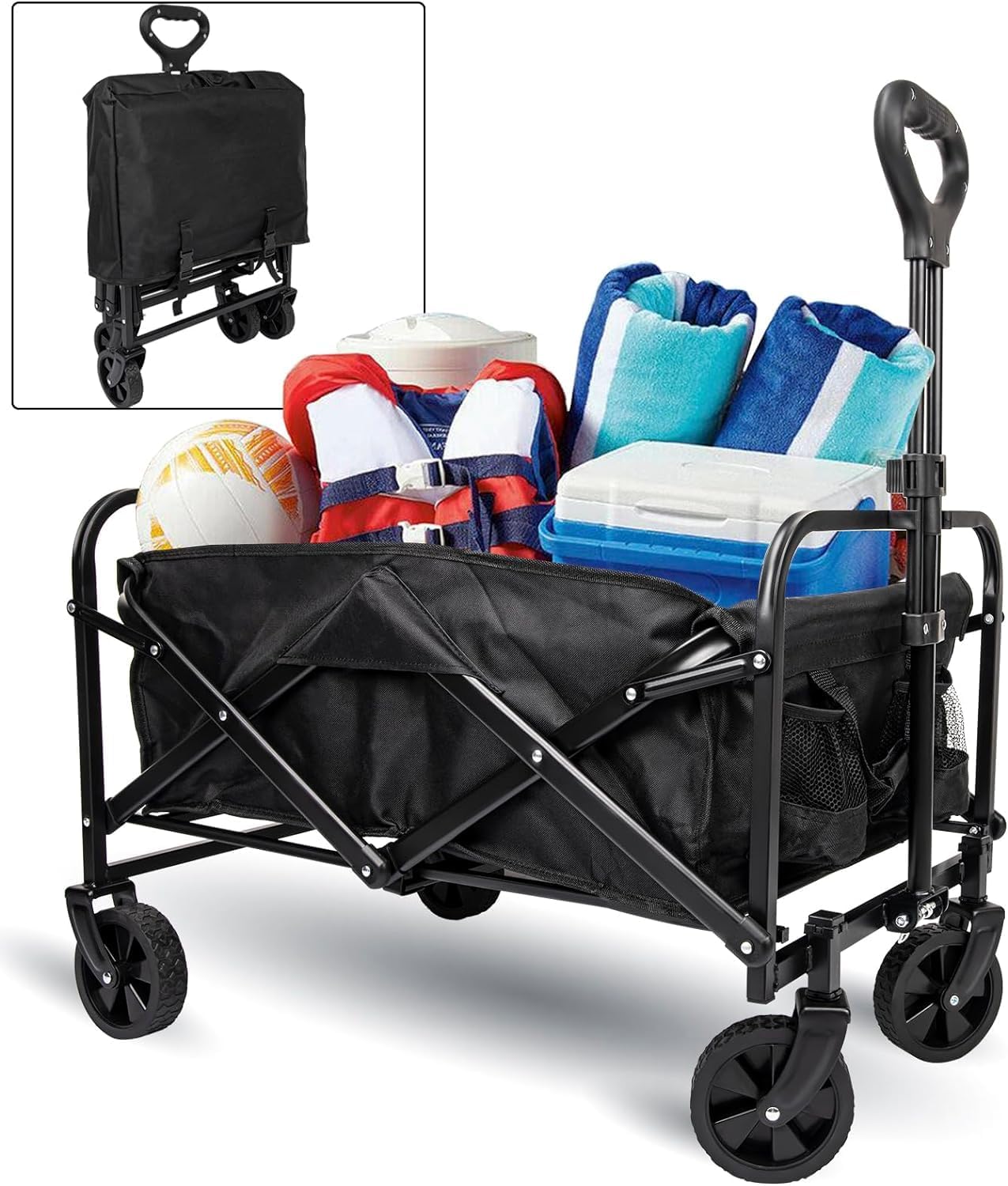Folding Wagon Cart | Collapsible Heavy Duty Outdoor Utility Wagon | Beach Wagon Grocery Wagon Camping Portable Garden Wagon Cart with All-Terrain Wheels (Medium, Black)