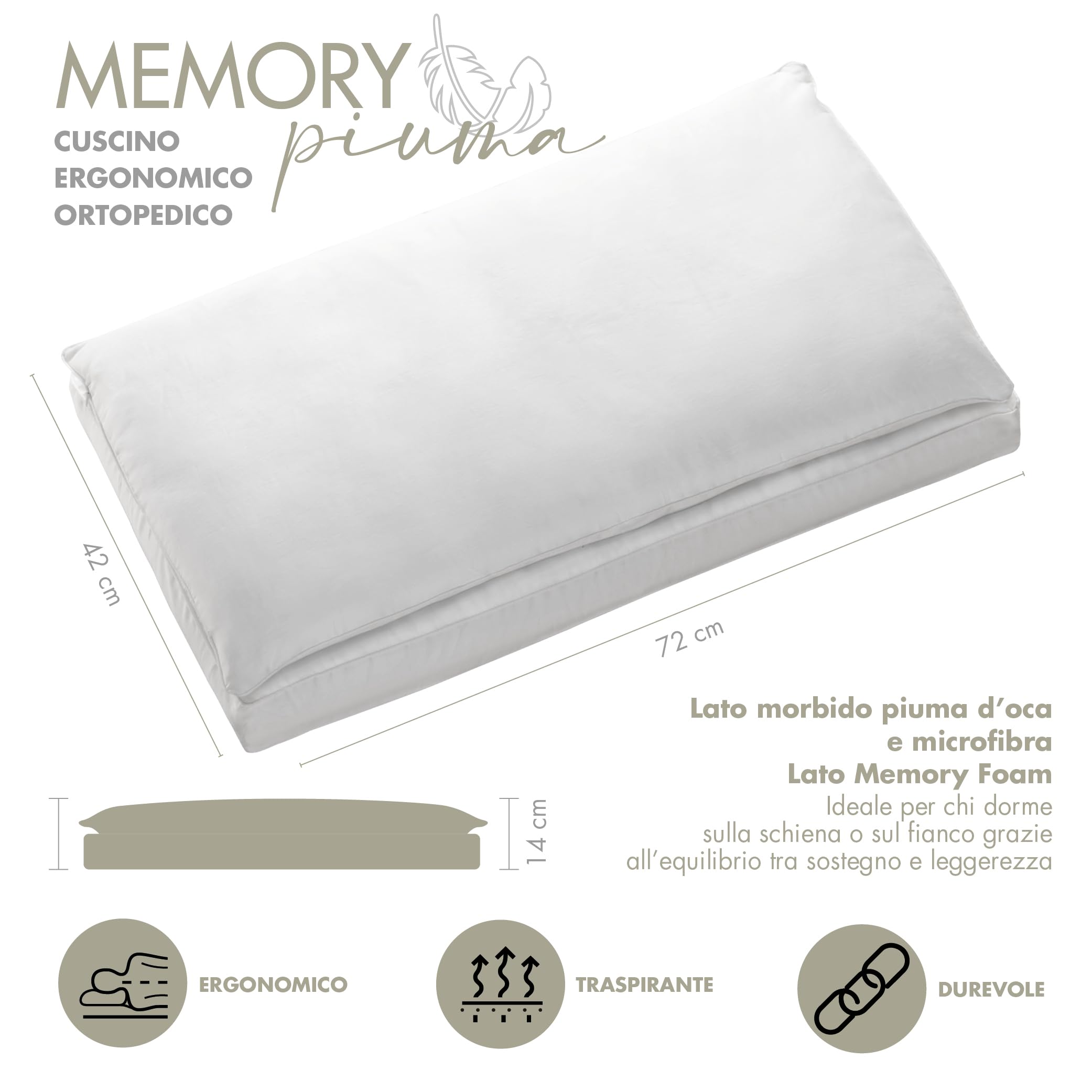 EMTEX Cuscino Letto DOPPIO COMFORT ANTIBATTERICO Lato PIUMA D'OCA/MICROFIBRA Lato MEMORY FOAM Viscoelastico SFODERABILE 100% COTONE Antipiuma Made in Italy (1, BIANCO)